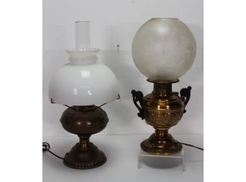 2 Electrified Brass Oil Lamp By New Rochester With Shades