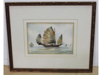 Framed Watercolor Painting Signed  Chishing - 'River Boats