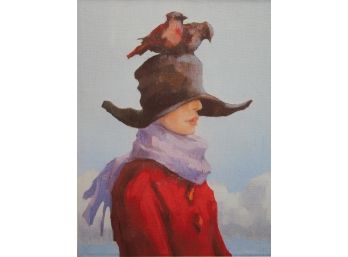 Unsigned Painting Of A Lady With Birds On Her Hat