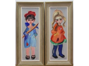 Pair Of Signed Vintage Painting Of A Boy & Girl