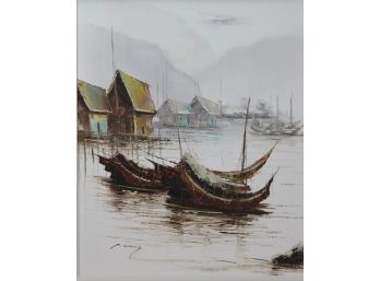 P Wong Boats In The Harbor Oil Painting