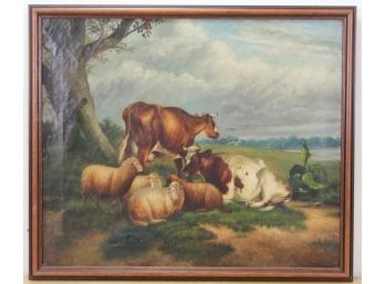 Unsigned Oil On Canvas Of Cows