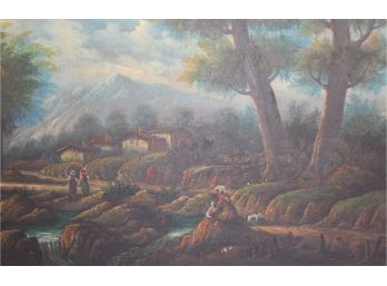 Unsigned Large Painting Of Ladies Doing Their Wash