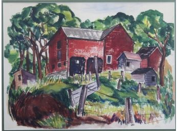 Signed Watercolor Of A Red Barn