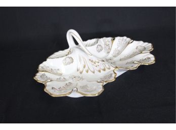 Antique KPM Porcelain Floral Butterfly Double Serving Dish Handle Scallop Rim
