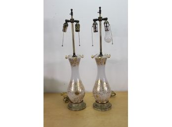 Vintage Pair White Glass Lamps Gold Floral