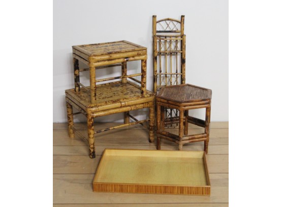 Assorted Lot Of Bamboo Stools And Letter Holder
