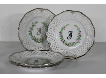 Set Of 6 Hand Painted Plates With Silver Trim