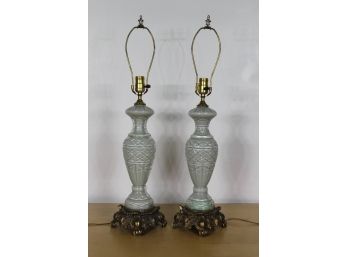 Pair Of Painted Glass Lamps-Green 17'