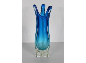 Mid Century Modern Studio Art Glass Vase Blue & Green Stretch Glass Vase 13'