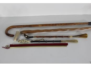 Assorted Lot Of Walking Sticks And Shoehorns
