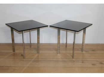 MILO BAUGHMAN STYLE MID CENTURY PAIR CHROME BASE SQUARE SMOKED GLASS SIDE TABLES