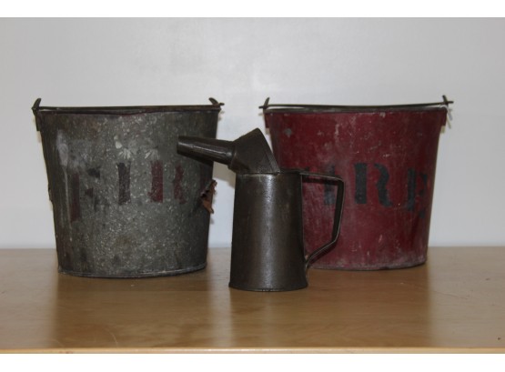Vintage Fire Buckets And Oil Jug