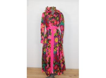 Vintage 60s Evening Gown, Ruffled Organza Floral 1960s Maxi Dress, Miss Elliette Hippie Dress