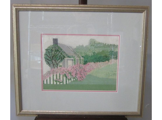 Framed Needlepoint Of A Cottage