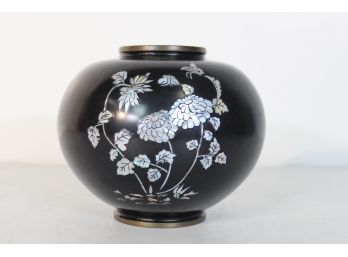 Black Lacquer Vases With Inlaid Mother Of Pearl 6 1/2'H