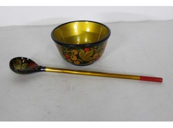 Russian Khokhloma Lacquer Bowl & Spoon -Hand Painted