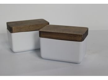 Pair Of CB2 Square Canisters With Wooden Tops