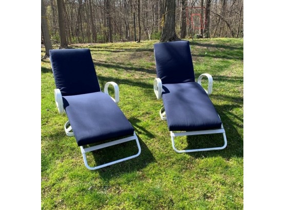 Pair Of White Vintage Vinyl Strap Lounge Chairs -Blue Cushions
