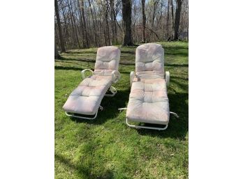 Pair Of White Vintage Vinyl Strap Lounge Chairs- Pink & Blue Cushions