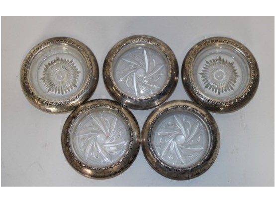 5 Vintage Round Cut Glass Silver Trimmed