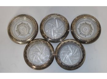 5 Vintage Round Cut Glass Silver Trimmed