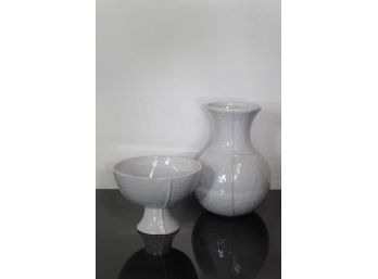 Pair Of White Gaze Vase & Bowl