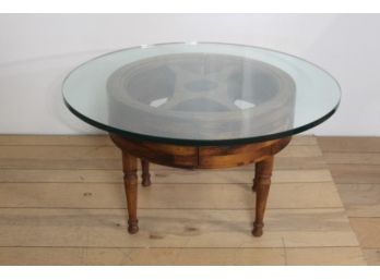 Wooden Coffee Table Made Out Of A Wheel With Round Glass Top