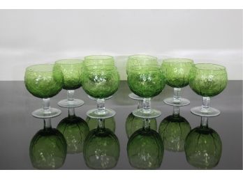 8 Vintage Hand Blown Glass Goblets, Green Cabbage Leaf (6'H )