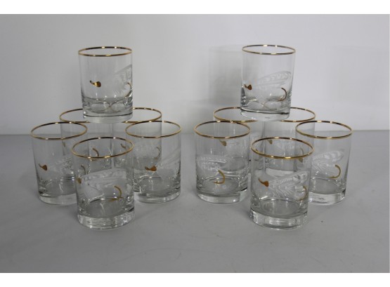 Set Of 12 Gold Fly Fishing Rocks Glasses