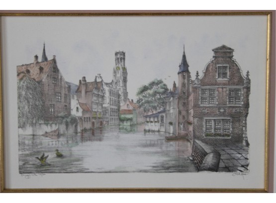 Sign Brugge  Litho Of A Canal And The Bell Tower #2