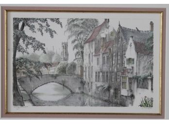 Sign Brugge  Litho Of A Canal And The Bell Tower