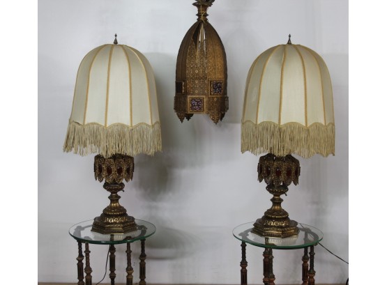 Pair Of Vintage Lamps And Handing Light Fixture