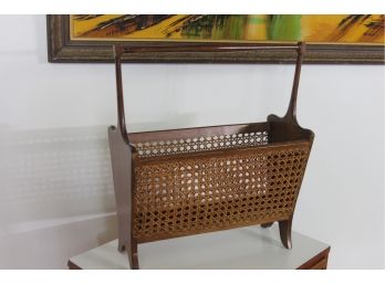 Mid Century Modern MCM Furniture, Wood And Cane Woven Magazine Rack