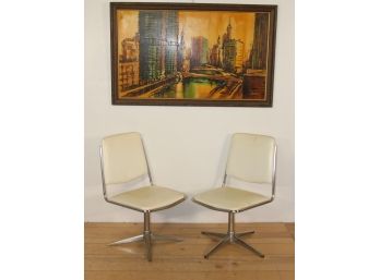 Pair Of Modern White Vinyl Chairs With Chrome Base