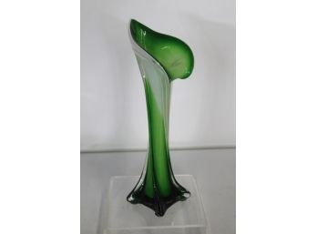 Mid-Century Modern Elegant Tall Green Murano Art Glass Vase 11 1/2'