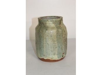 Pottery Vase In Green Painted And Glaze 8'H