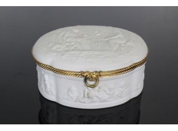 Large French White Bisque Porcelain Bronze Dresser Jewelry Box Cherubs
