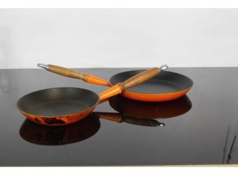 2 Orange Vintage Le Creuset  Cast Iron Enamel Fry Pan/skillet Teak Wood Handle