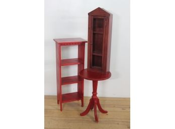 Ethan Allen Lot -Red Bookcase, Round Stand,Small Wall Unit