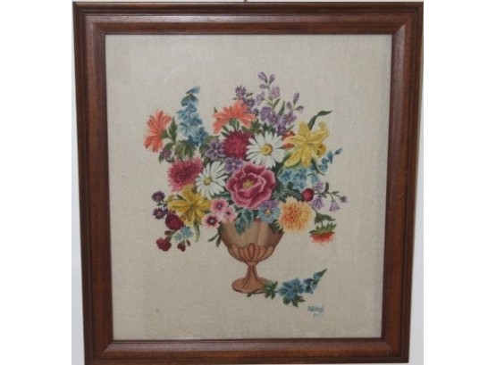 Vintage Needlepoint Floral Bouquet Picture In Mahogany Frame #2