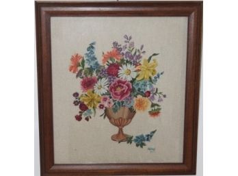 Vintage Needlepoint Floral Bouquet Picture In Mahogany Frame #2