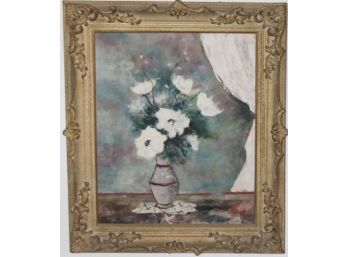 Signed Of Vase With White Flowers