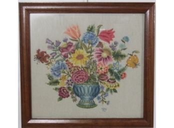 Vintage Needlepoint Floral Bouquet Picture In Mahogany Frame #1