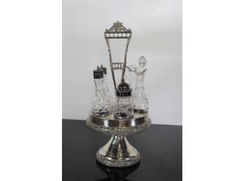 Antique Victorian Castor Silver Plated Tantalus 5 Crystal Bottles Cruet Set