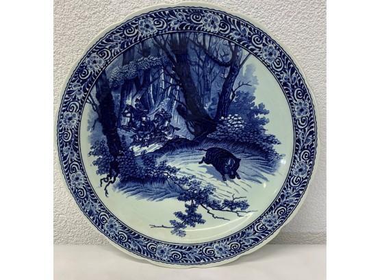 Antique L Delfts Blue Boch Belgium Royal Sphinx Porcelain Plate Hunting Scene 15 1/2'
