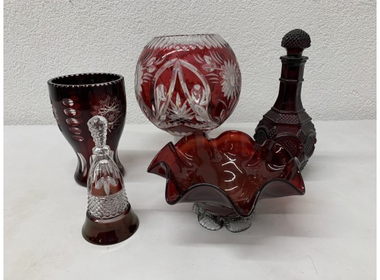 Group Lot Of  Bohemian Ruby Red Cut To Clear Glass Pieces