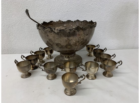 Large Silverplated Punch Bowl With Cups