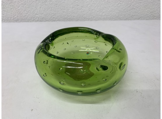 RETRO MCM LARGE Heavy Round Green Controlled Bubble Art Glass Ashtray