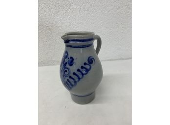 Pottery Stoneware Pitcher Cobalt Blue Gray Floral Decor Vintage